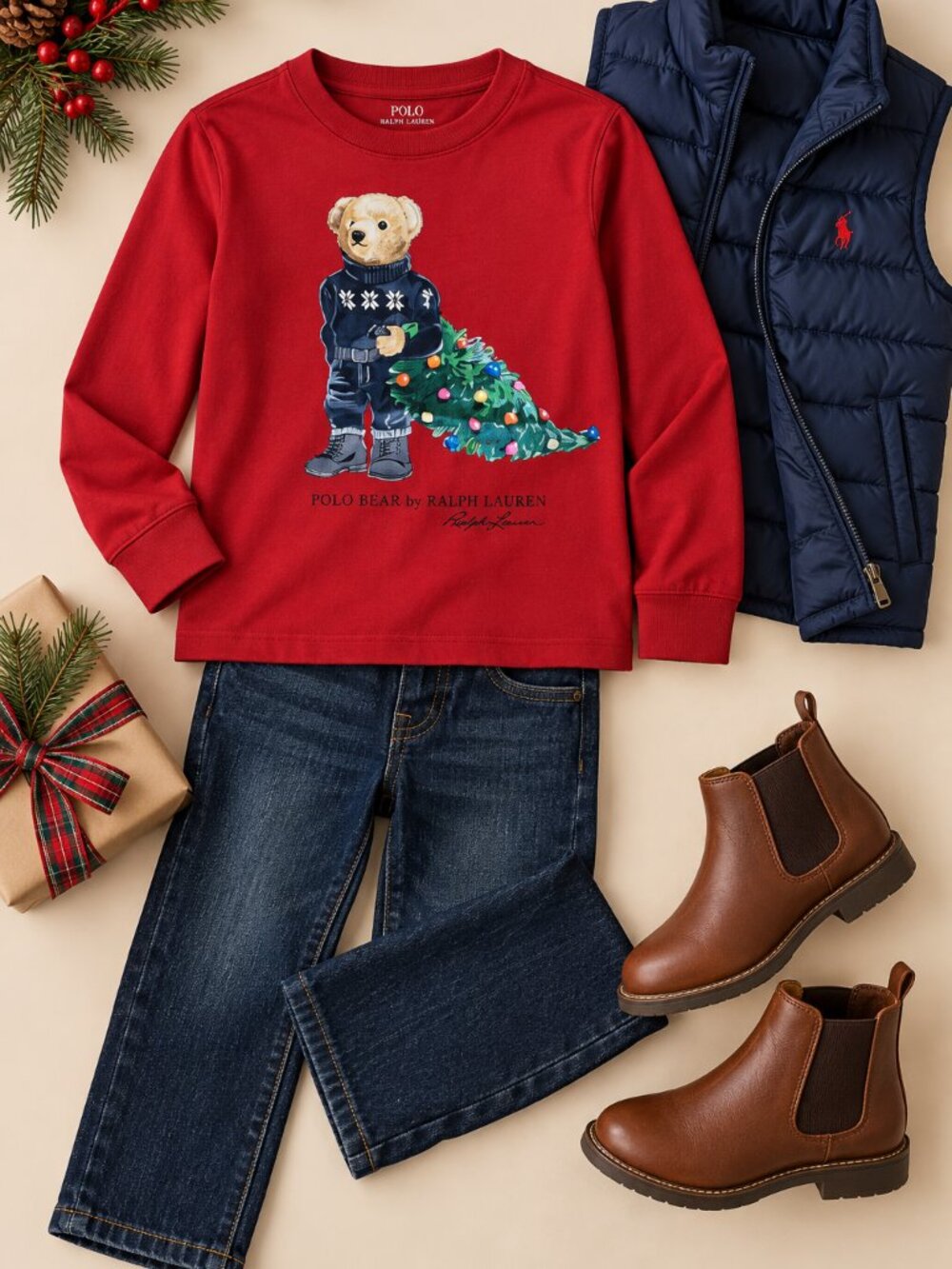 Polo Ralph Lauren Polo Bear Christmas Shirt Boys 6 Red Holiday Long Sleeve